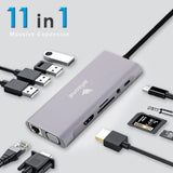 Arizone® USB HUB T-1101 (11 in 1) 1*USB 3.0/3*USB 2.0/HDMI/RJ45/VGA/USB C PD/SD TF/3.5mm100Mbps