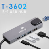 Arizone® USB HUB T-3602 (5 in 1) 1*USB 3.0/1*USB 2.0/HDMI/RJ45/USB-C PD 100Mbps