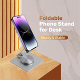 ARIZONE 360 Stand - Adjustable Cell Phone Stand for Desk | 360 Click-Rotating, Multi-Angle, Non-Slip Metal Base, Foldable & Portable | iPhone Stand for Desk, Cell Phone Stand Holder (Silver)